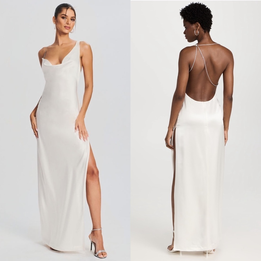 NWT RETROFETE Satin Asymmetric Crystal Chain Strap Draped Neck Open Back Gown S - Picture 3 of 13